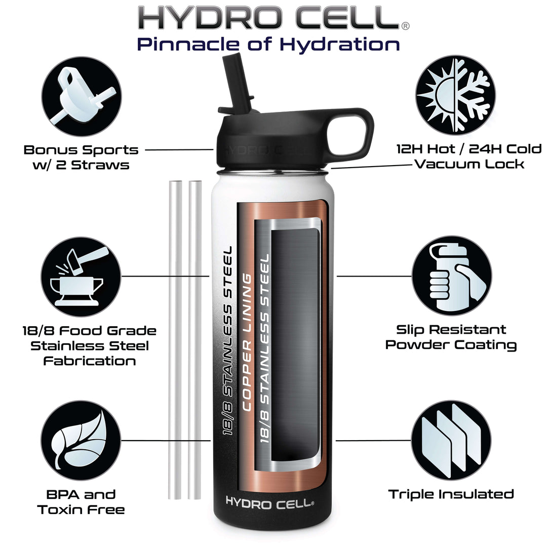 24oz Black/White Hydro Cell Wide Mouth Stainless Steel Water Bottle